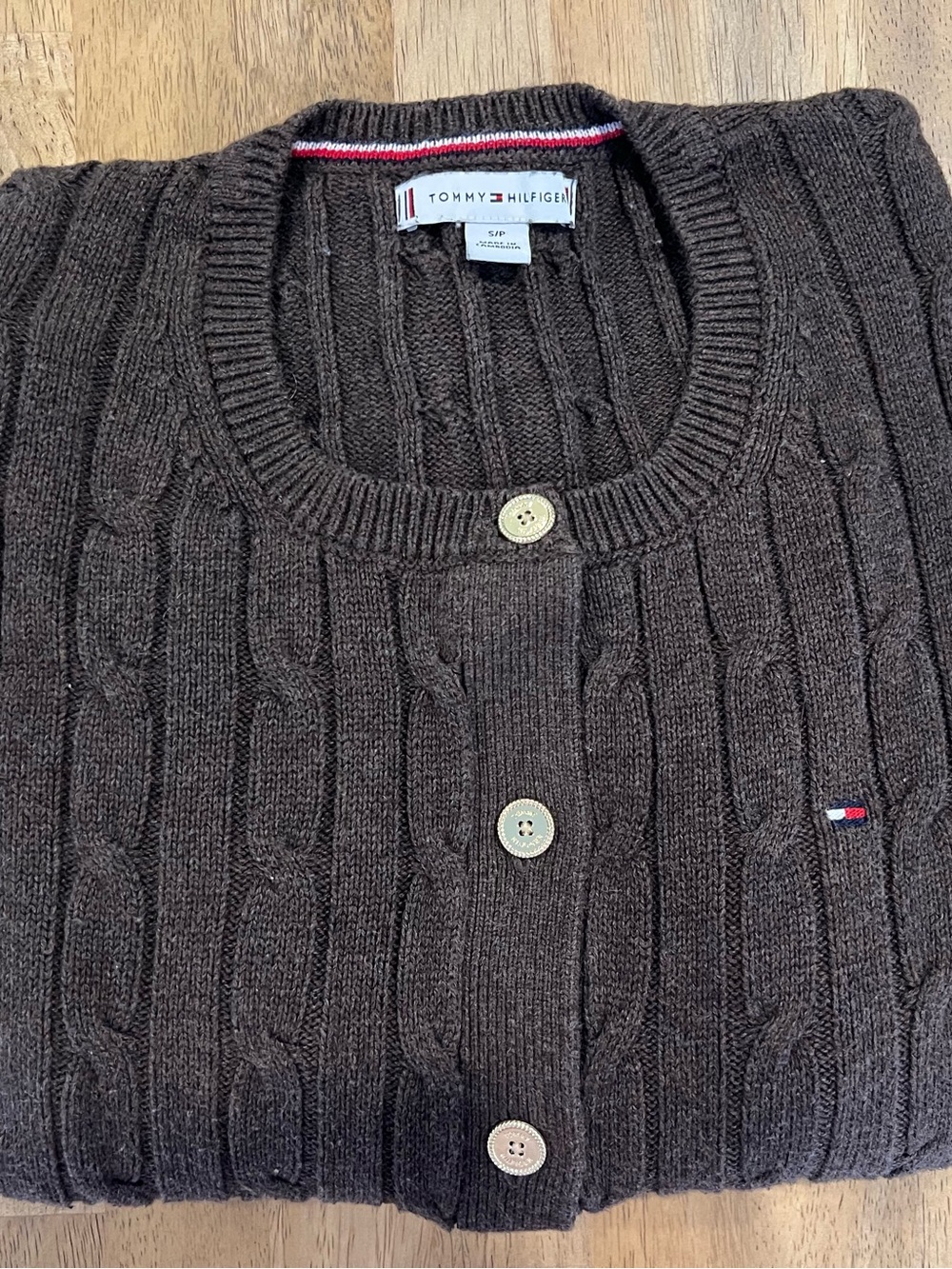 Tommy Hilfiger 100% Cotton Women’s Dark Brown Cable-Knit Cardigan Sweater
